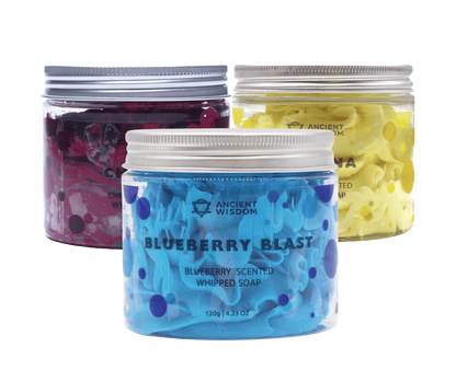 Ancient Wisdom Fruity Whipped Soap Bundle with blueberry, cherry, and banana scents in colorful tubs
