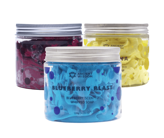 Ancient Wisdom Fruity Whipped Soap Bundle with blueberry, cherry, and banana scents in colorful tubs