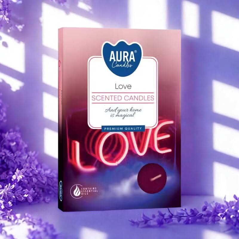 Love Set of 6 Scented Tealights in Love fragrance packaging with floral background