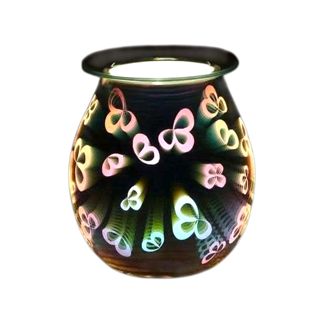 3D Flower Petal Light Up Electric Oil Burner in black with multicolored glowing 3D floral petal patterns illuminating smoothly