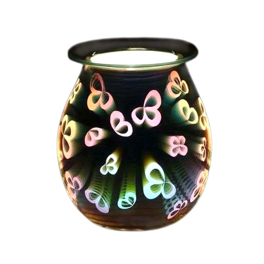 3D Flower Petal Light Up Electric Oil Burner in black with multicolored glowing 3D floral petal patterns illuminating smoothly