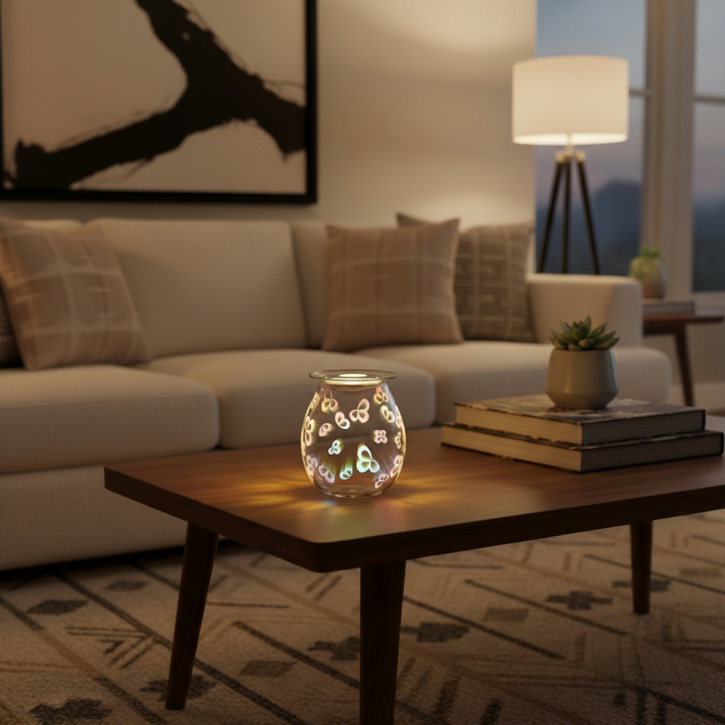 3D Flower Petal Light Up Electric Oil Burner with glowing colorful flower petal patterns on clear glass in cozy living room
