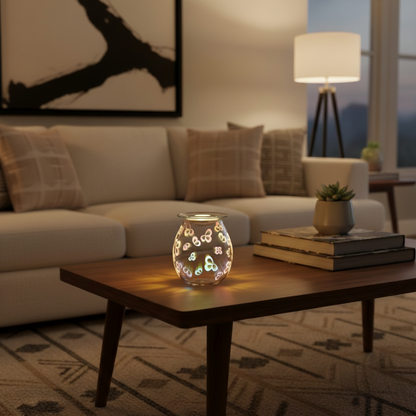 3D Flower Petal Light Up Electric Oil Burner with glowing colorful flower petal patterns on clear glass in cozy living room