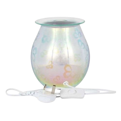 3D Flower Petal Light Up Electric Oil Burner with iridescent glass body and subtle butterfly pattern, including white power cord and switch