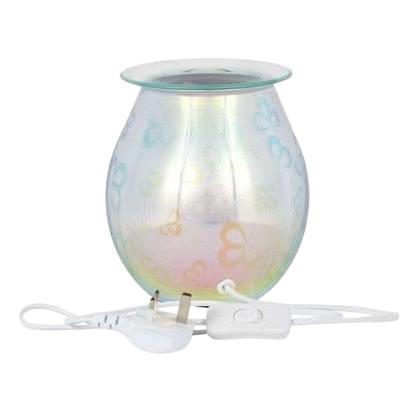 3D Flower Petal Light Up Electric Oil Burner with iridescent glass body and subtle butterfly pattern, including white power cord and switch