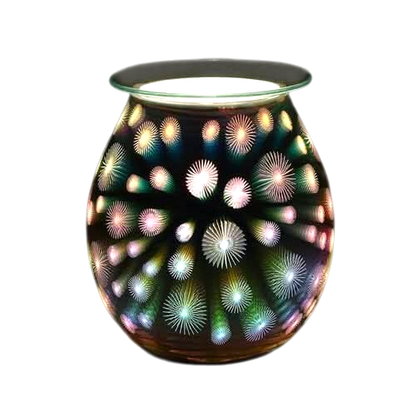 3D Starburst Light Up Electric Oil Burner with colorful starburst pattern illuminated on dark rounded glass body