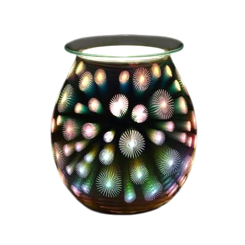 3D Starburst Light Up Electric Oil Burner with colorful starburst pattern illuminated on dark rounded glass body