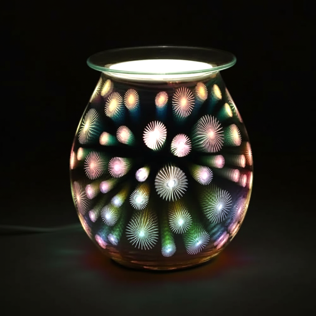 3D Starburst Light Up Electric Oil Burner with colorful illuminated starburst pattern on a glass and plastic spherical body