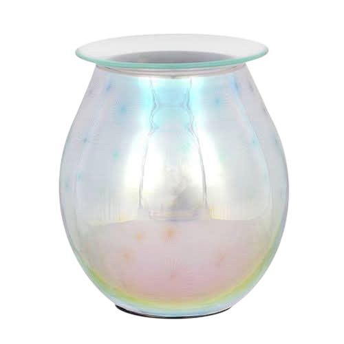 3D Starburst Light Up Electric Oil Burner featuring an iridescent glass body with a smooth white plastic top plate for holding essential oils