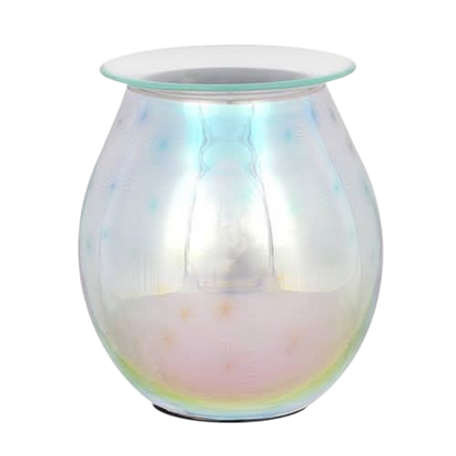 3D Starburst Light Up Electric Oil Burner featuring an iridescent glass body with a smooth white plastic top plate for holding essential oils