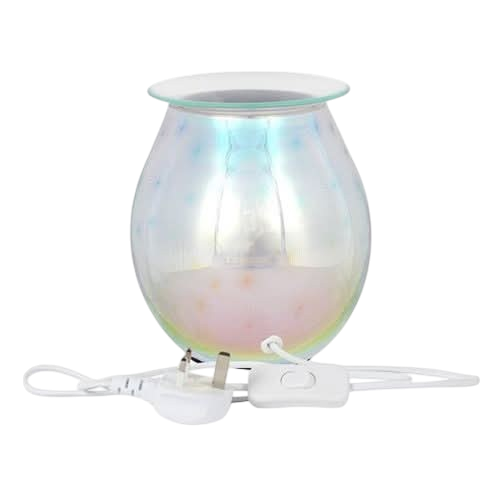 3D Starburst Light Up Electric Oil Burner with iridescent glass body and white electrical cord with switch