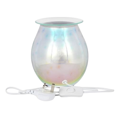 3D Starburst Light Up Electric Oil Burner with iridescent glass body and white electrical cord with switch