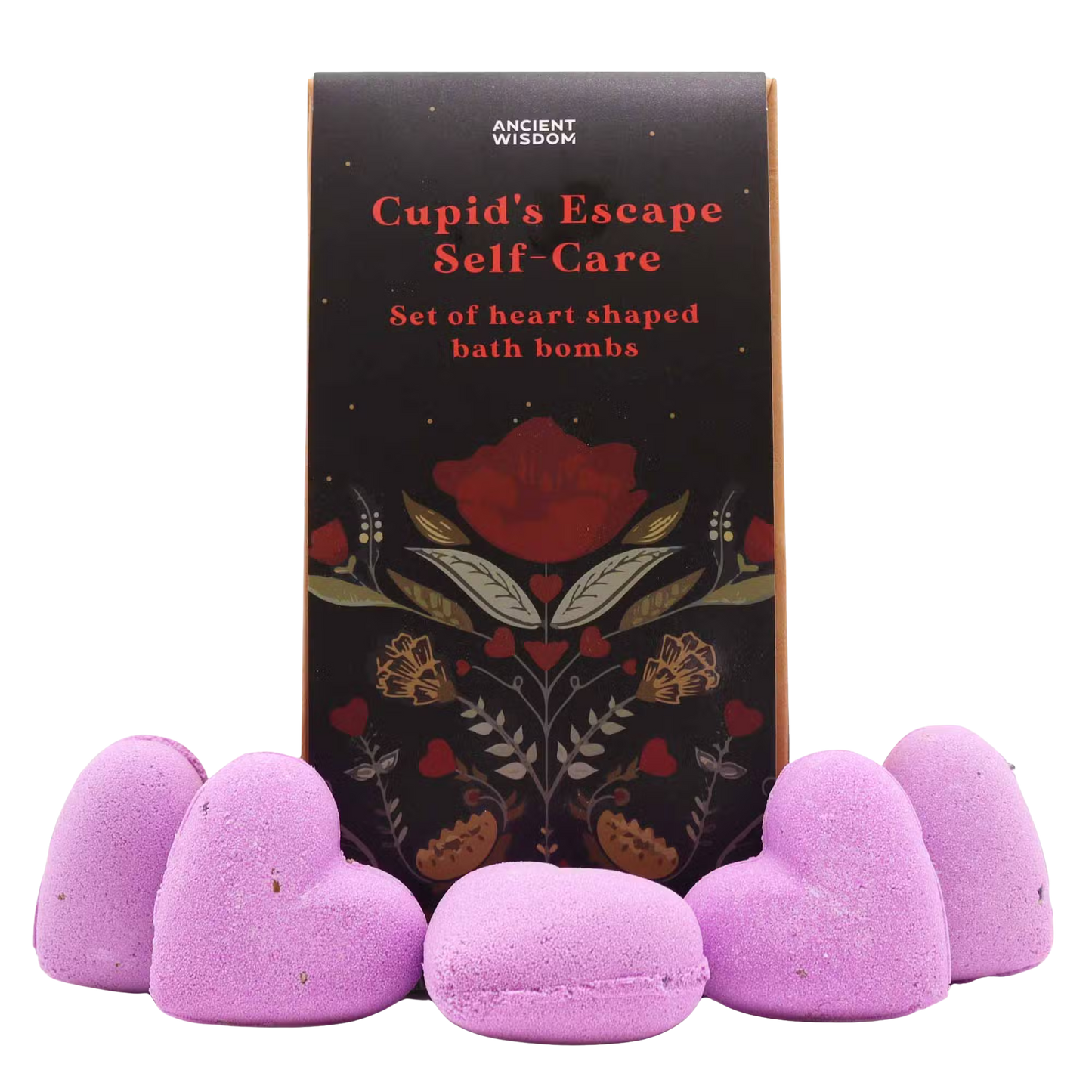 Cupids Escape Self Care bath heart gift set with French lavender scent and five heart-shaped bath bombs in elegant packaging - No background