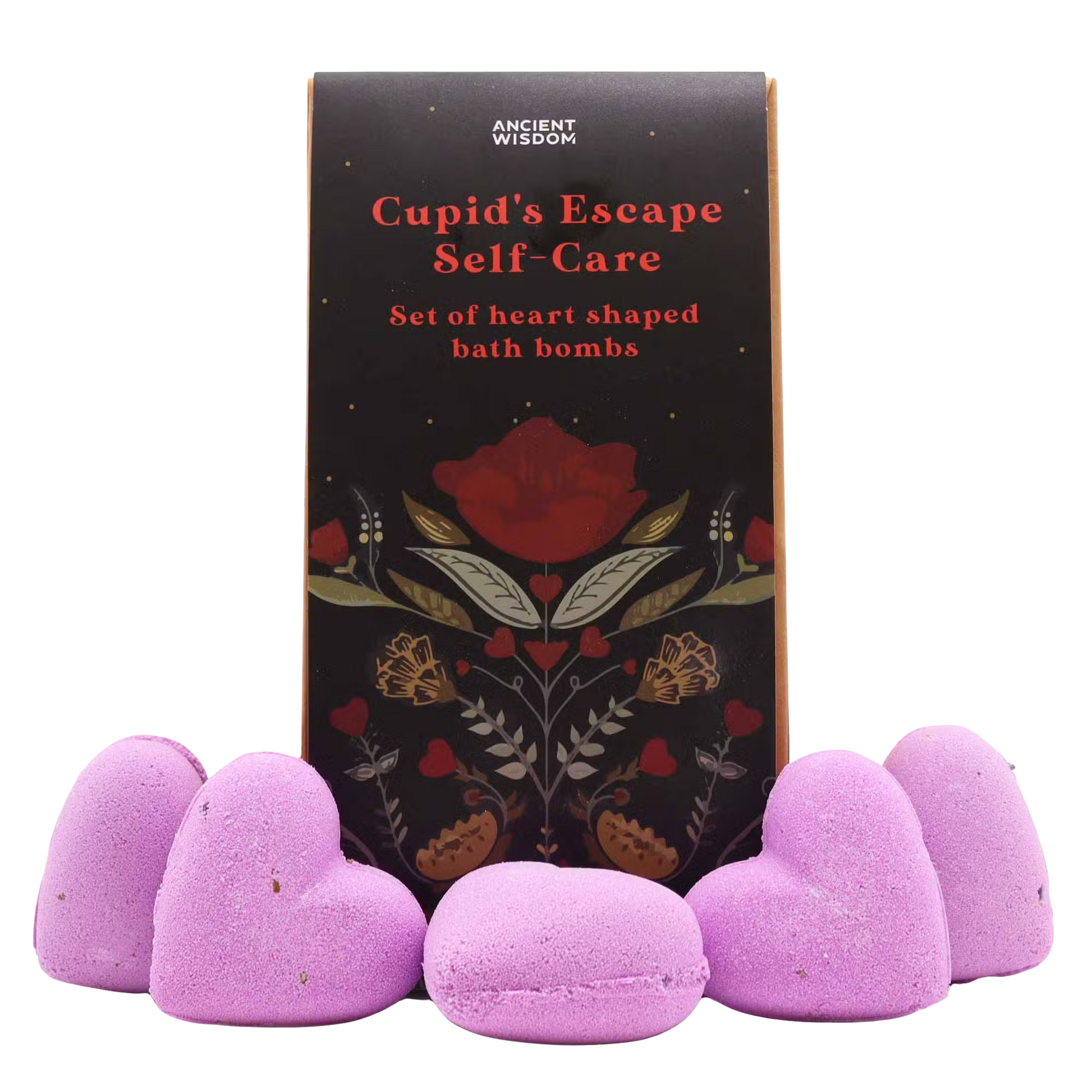 Cupids Escape Self Care bath heart gift set with French lavender scent and five heart-shaped bath bombs in elegant packaging - No background