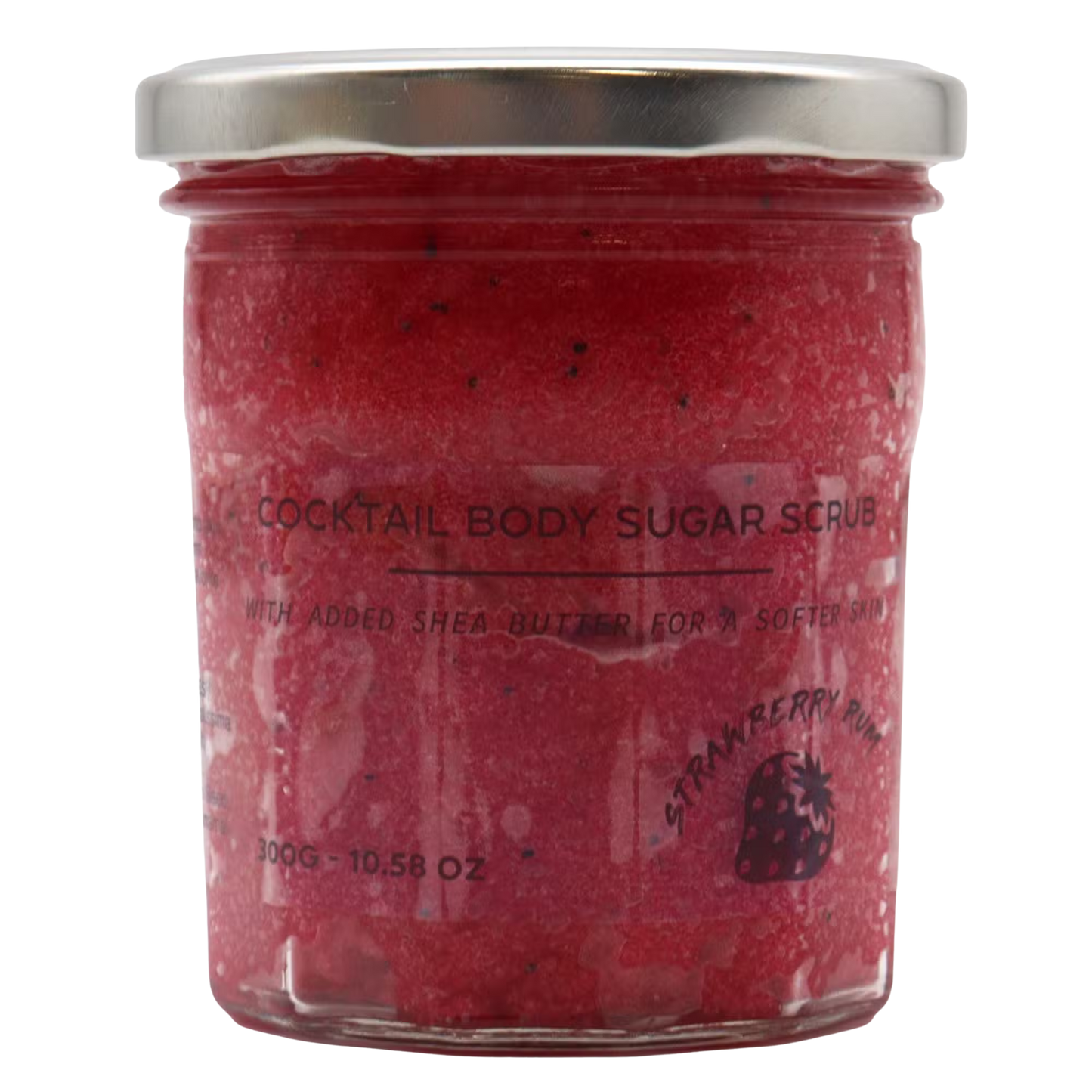 Fragranced sugar body scrub in strawberry rum scent, 300g jar for exfoliating and softening skin