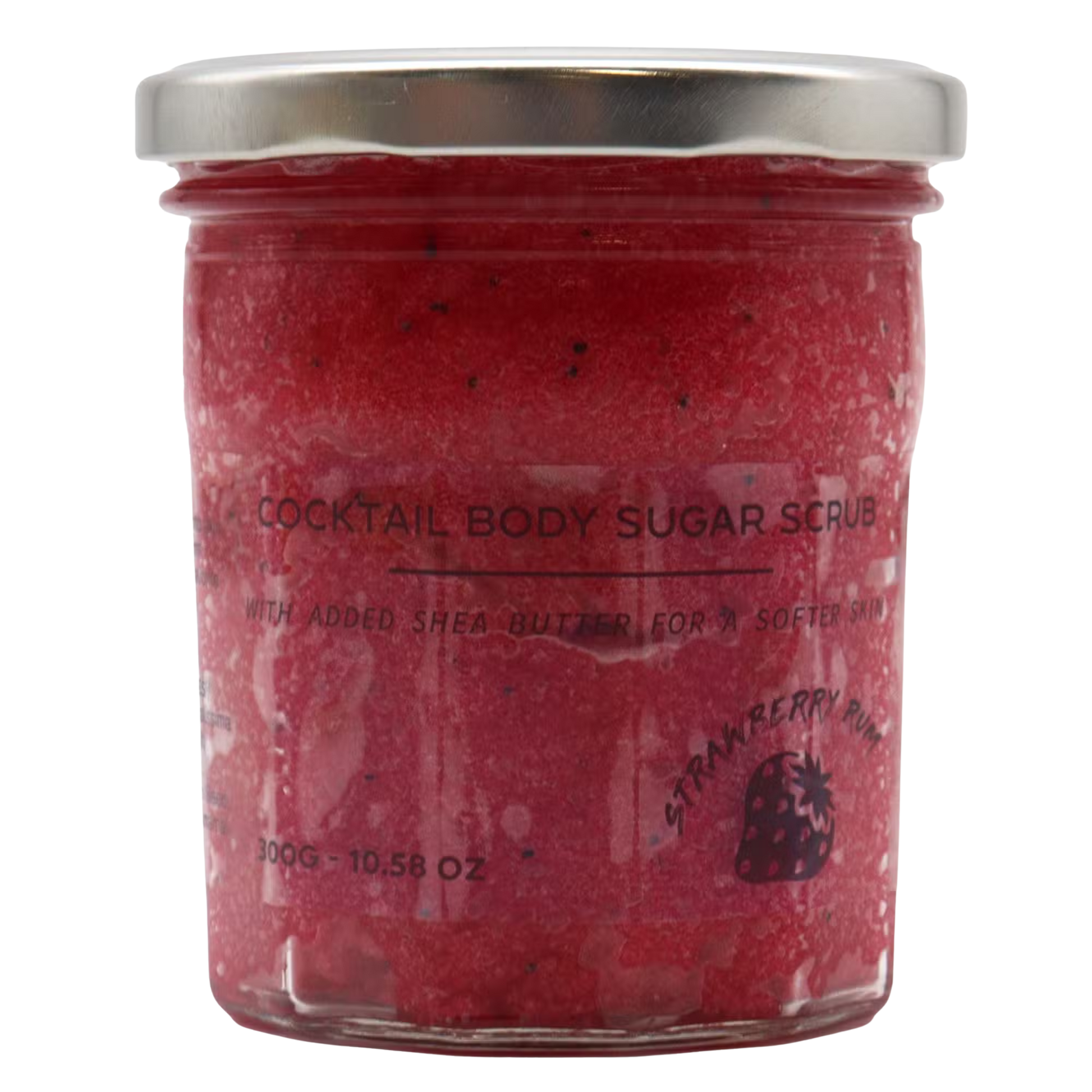 Fragranced sugar body scrub in strawberry rum scent, 300g jar for exfoliating and softening skin