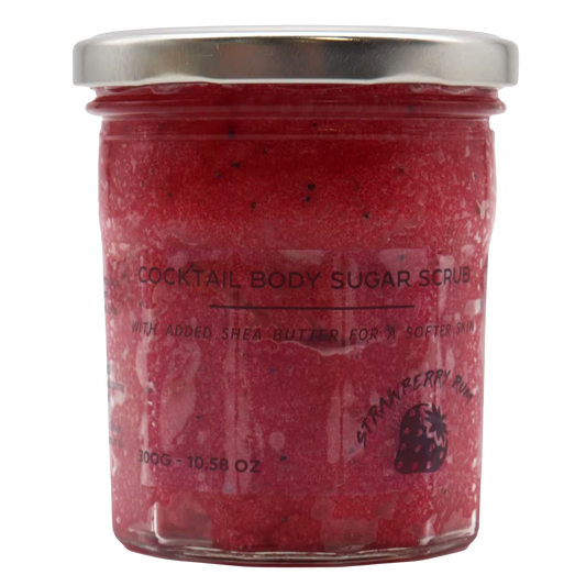 Fragranced sugar body scrub in strawberry rum scent, 300g jar for exfoliating and softening skin