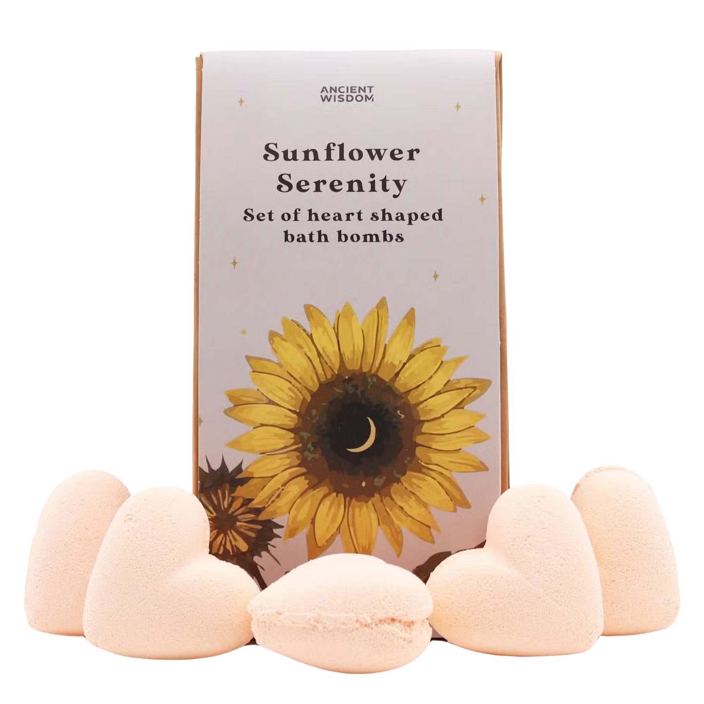 Sunflower Serenity Bath Heart Gift Set with passion fruit scented heart-shaped bath bombs in a decorative box