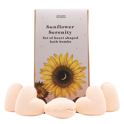Sunflower Serenity Bath Heart Gift Set with passion fruit scented heart-shaped bath bombs in a decorative box