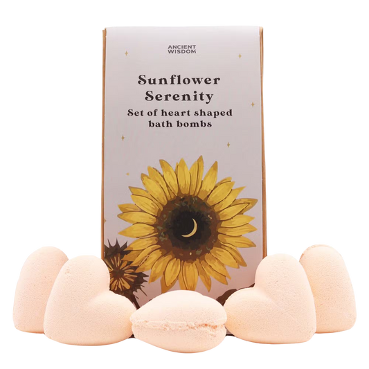 Sunflower Serenity Bath Heart Gift Set with passion fruit scented heart-shaped bath bombs in a decorative box