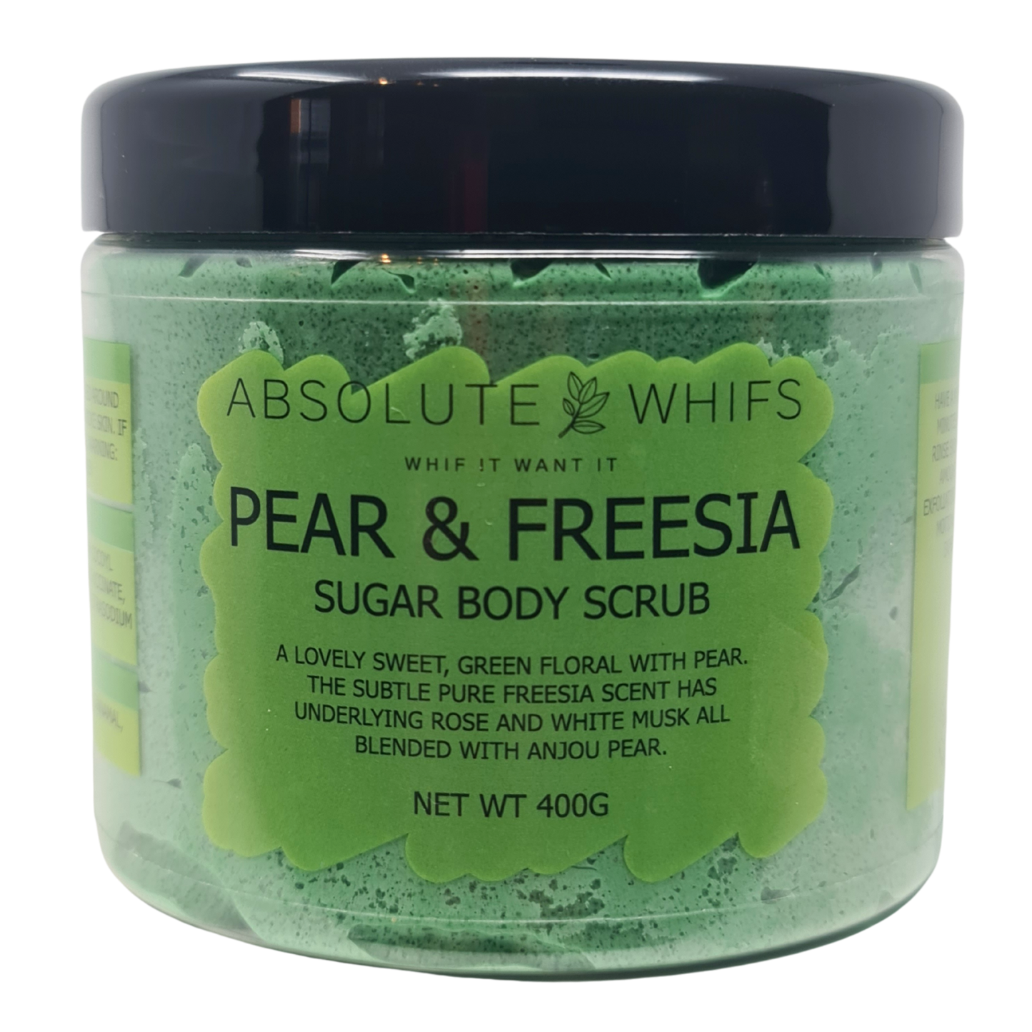 Pear & Freesia Sugar Body Scrub by Absolute Whifs with green floral scent and exfoliating sugar formula, 400g.