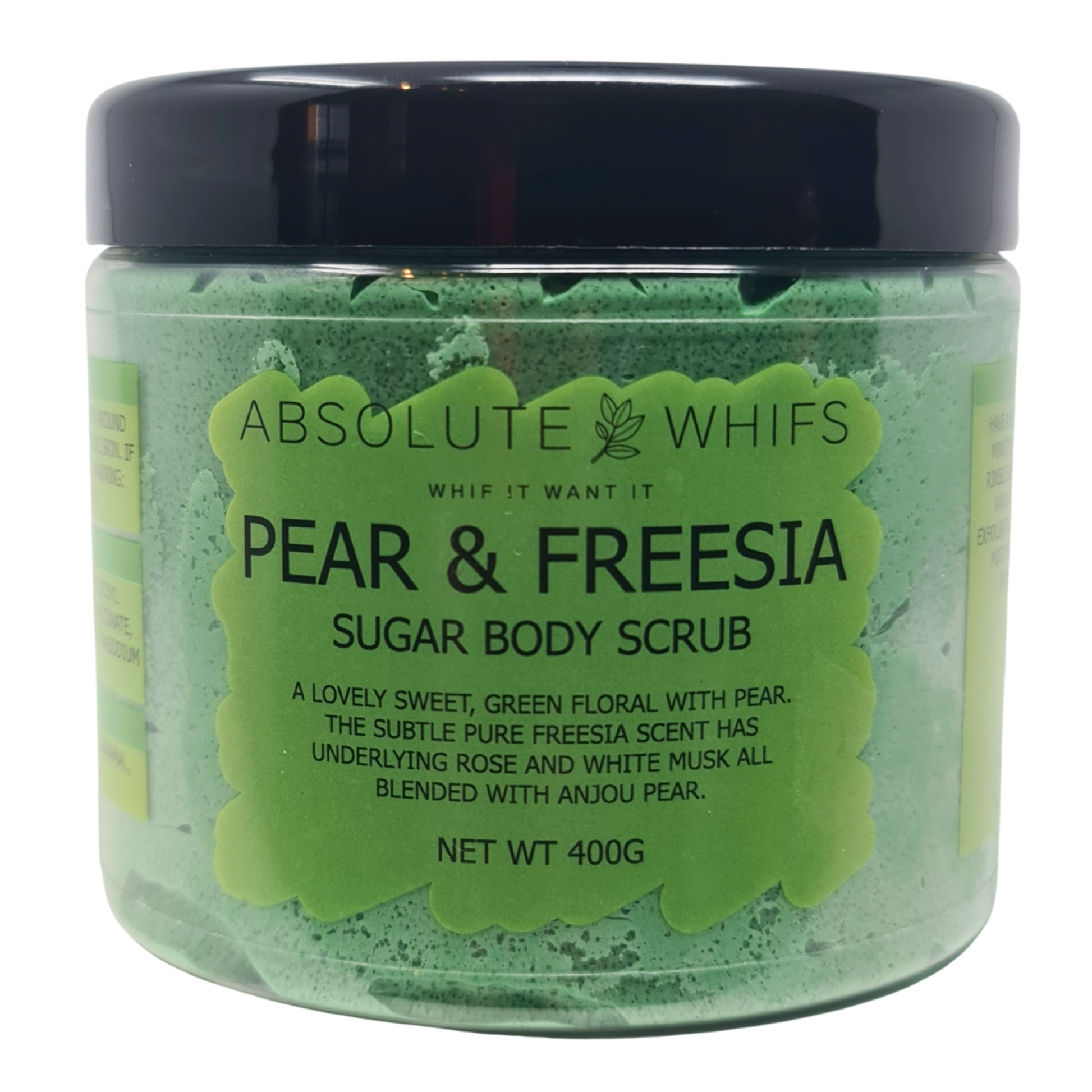 Pear & Freesia Sugar Body Scrub by Absolute Whifs with green floral scent and exfoliating sugar formula, 400g.