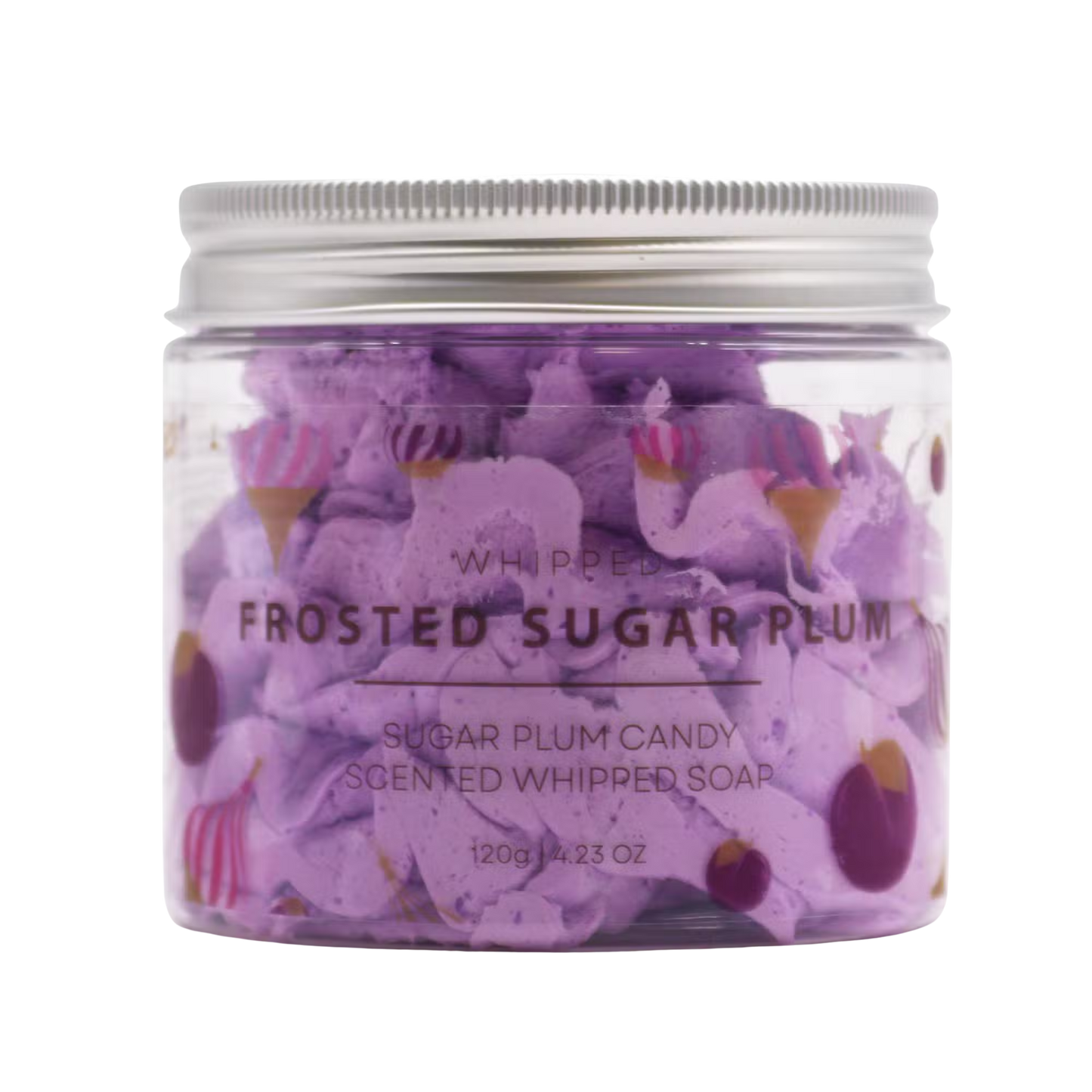 Frosted Sugar Plum Whipped Soap 120g in clear jar with purple whipped texture and glitter accents