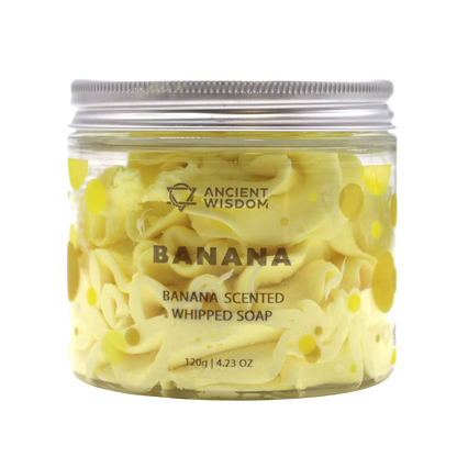 Banana Whipped Soap 120g jar with creamy whipped texture and banana scent by Ancient Wisdom