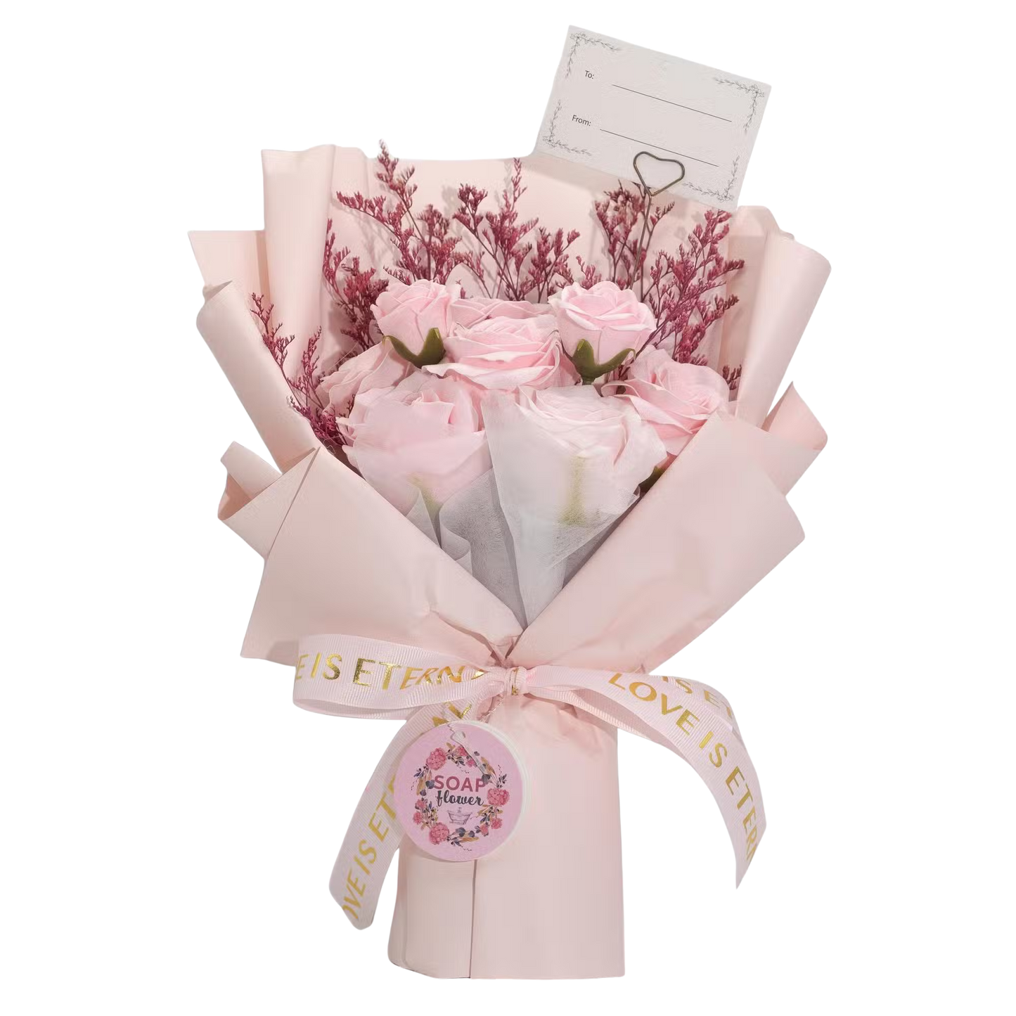 Large pink roses bouquet made of soap petals with satin ribbon and gift card