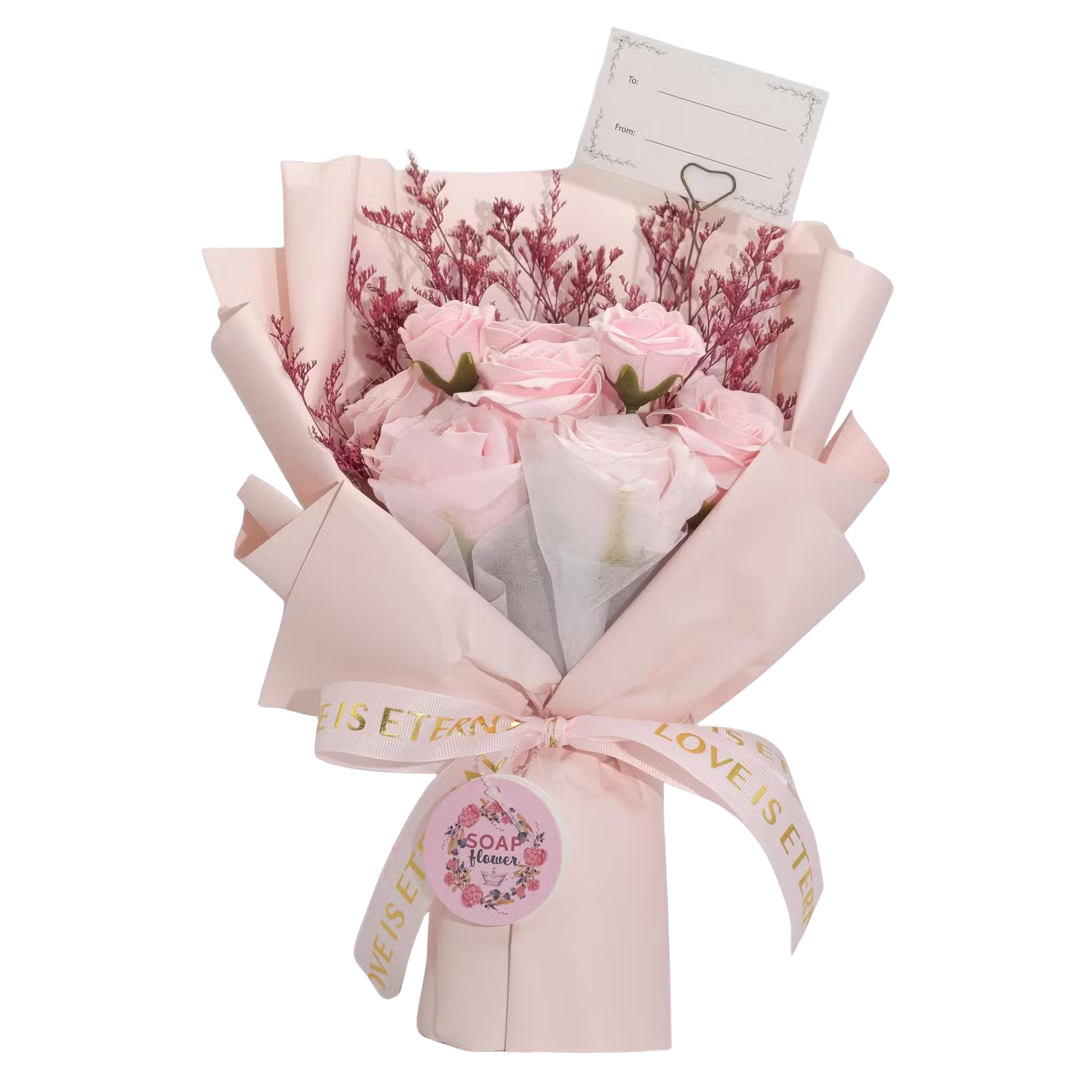 Large pink roses bouquet made of soap petals with satin ribbon and gift card