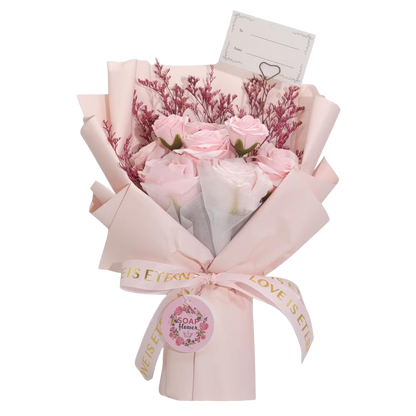 Large pink roses bouquet made of soap petals with satin ribbon and gift card