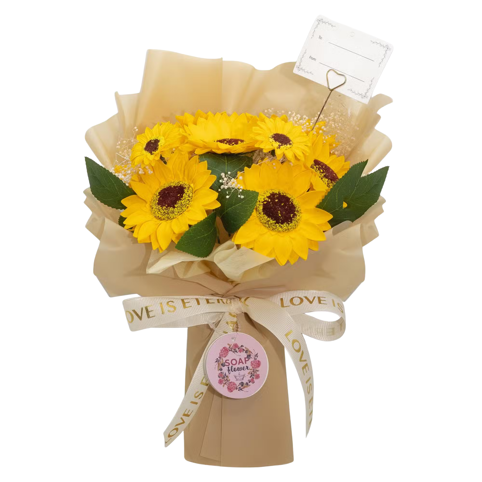 Large sunflowers bouquet made of premium soap petals with golden wrapping and "Love is Eternal" ribbon, including a gift card in a gold heart holder.