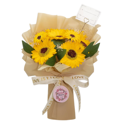 Large sunflowers bouquet made of premium soap petals with golden wrapping and "Love is Eternal" ribbon, including a gift card in a gold heart holder.
