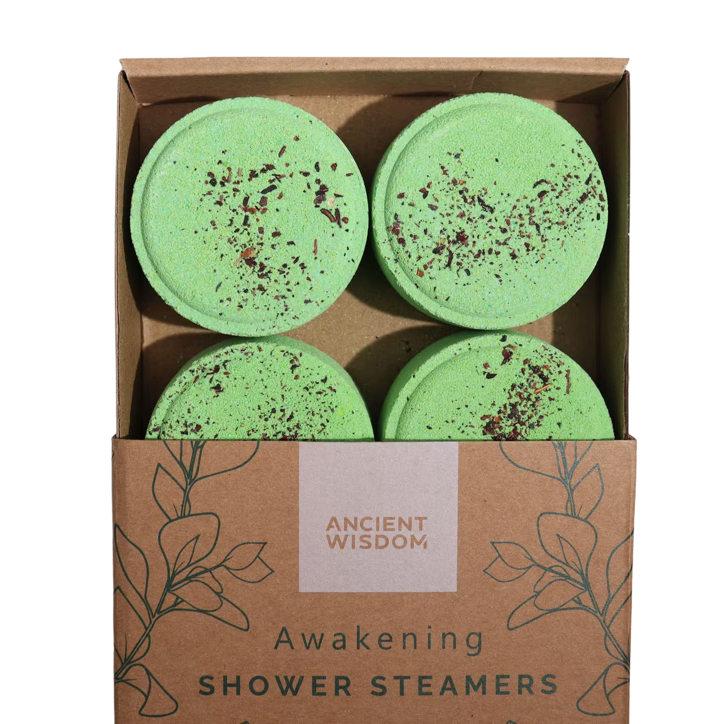 Zen Shower Steamers Awakening gift set with four green aromatherapy steamers infused with orange, eucalyptus, peppermint, and mixed herbs essential oils in eco-friendly packaging.