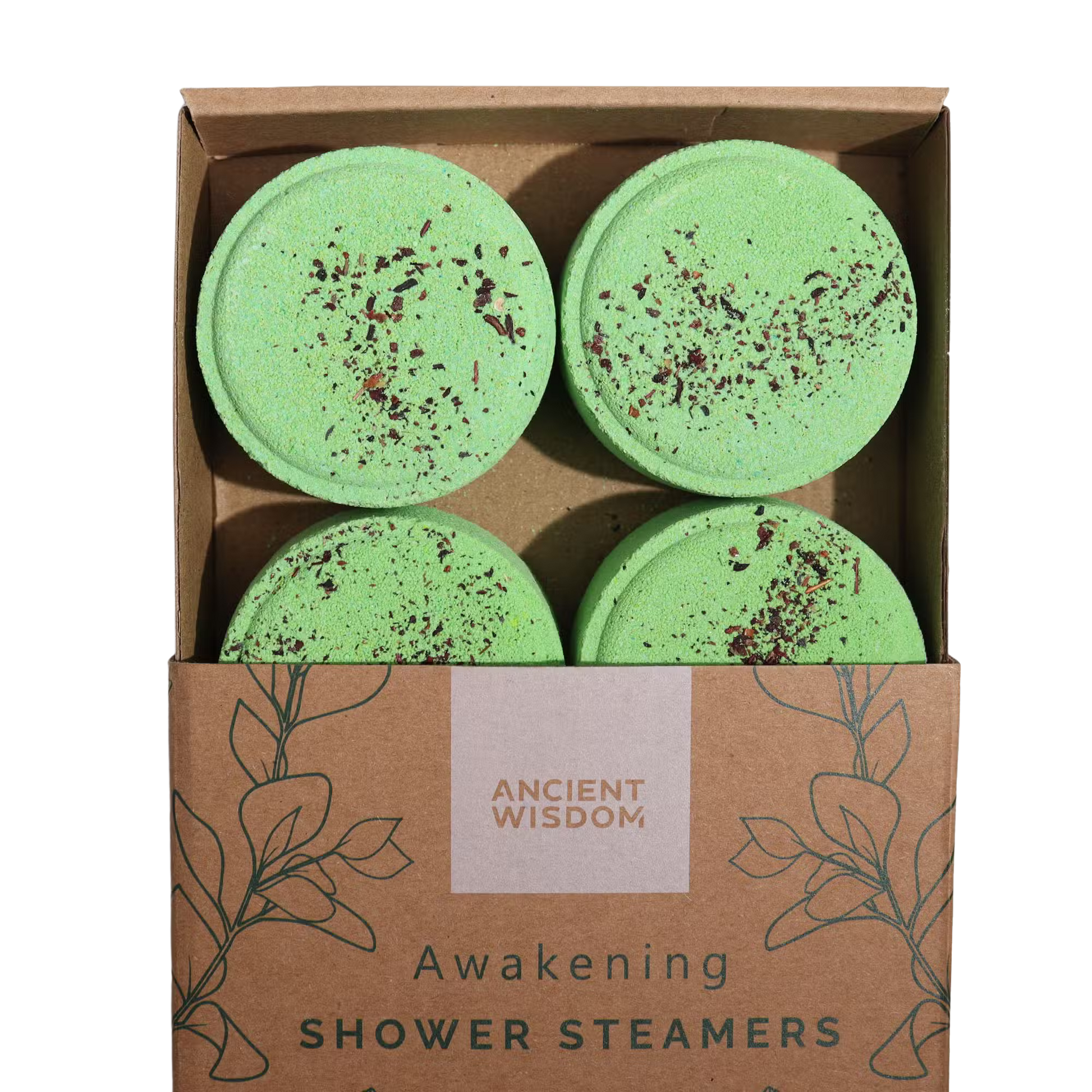 Zen Shower Steamers Awakening gift set with four green aromatherapy steamers infused with orange, eucalyptus, peppermint, and mixed herbs essential oils in eco-friendly packaging.