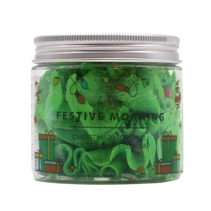 Festive Morning Whipped Soap 120g in clear jar with green whipped soap and Christmas decorations