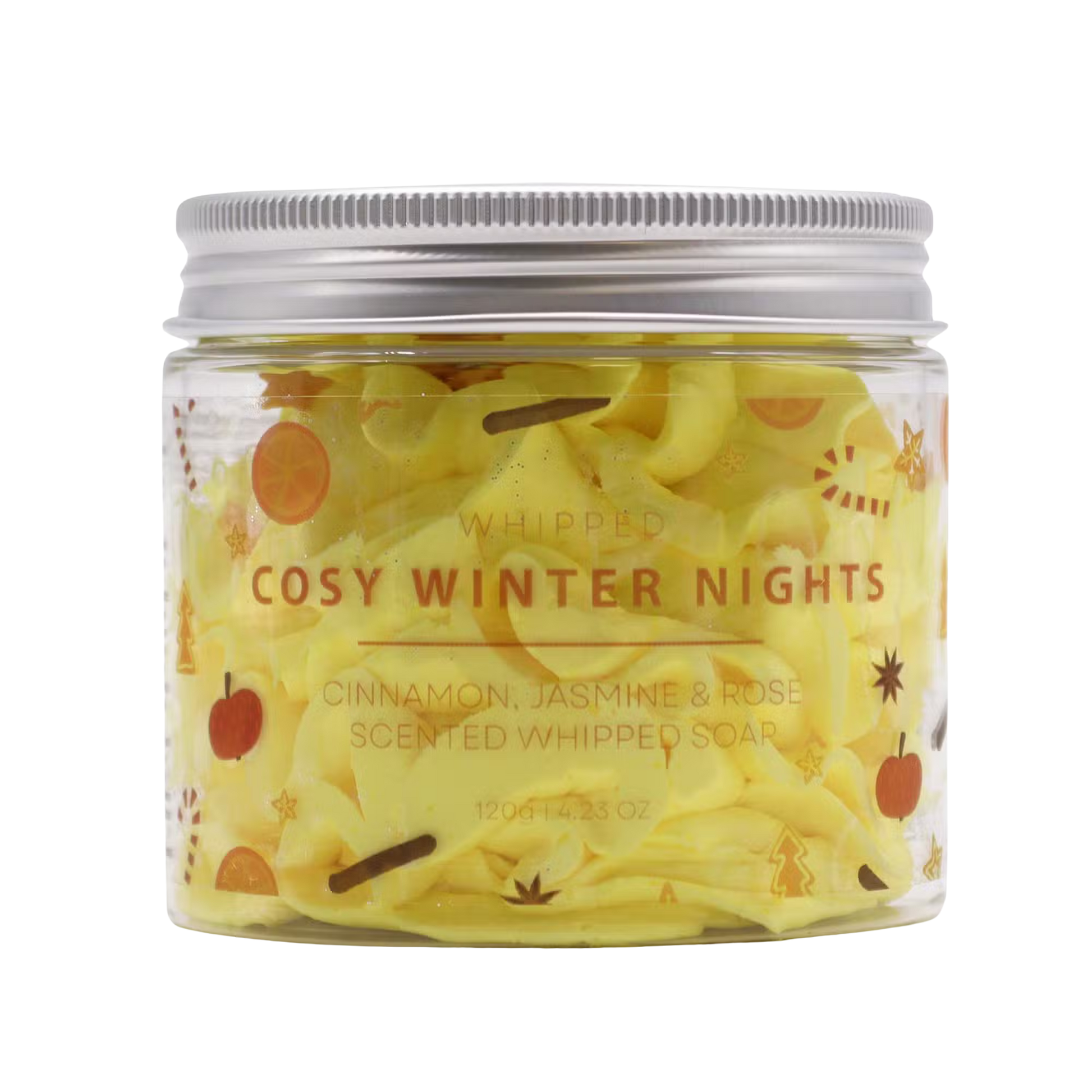 Cosy Winter Nights whipped soap 120g jar with cinnamon jasmine and rose scent
