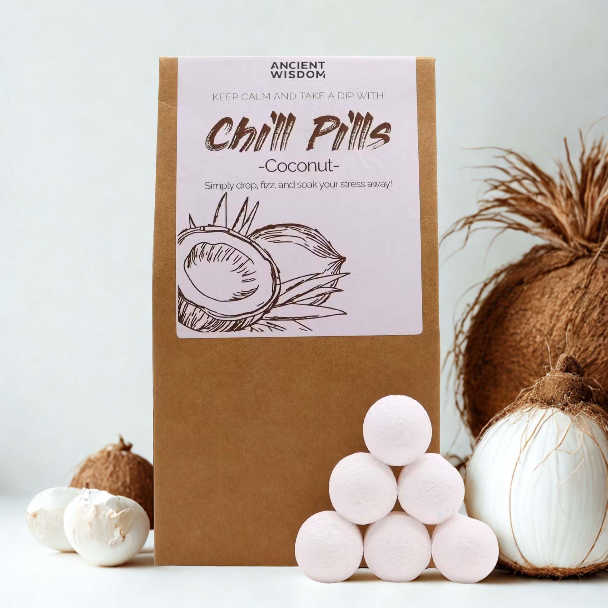 Chill Pills Gift Pack 350g coconut bath bombs with handmade, vegan, cruelty-free packaging and tropical scent