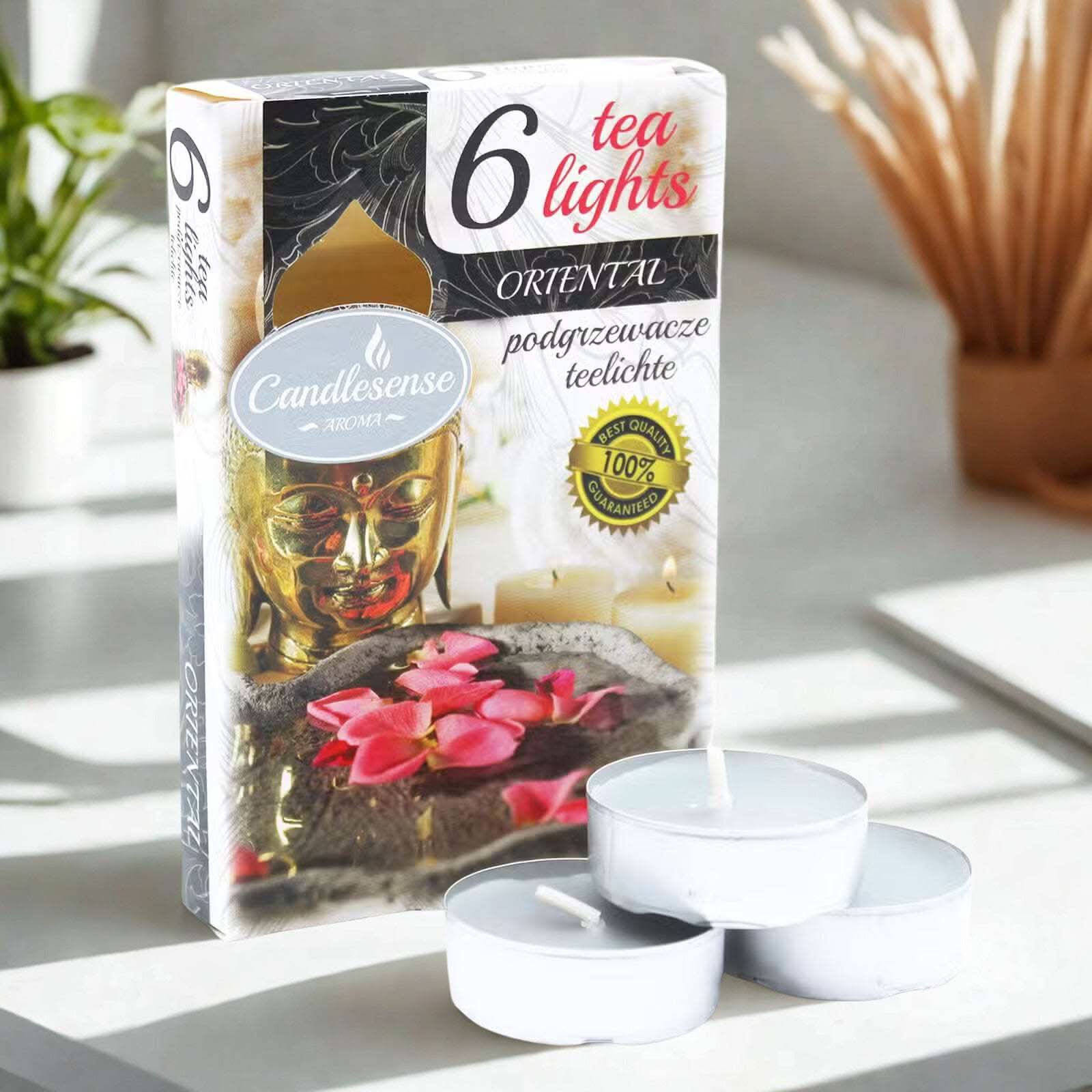 Oriental Set of 6 Scented Tealights with warm spices and exotic florals in white holders and decorative packaging