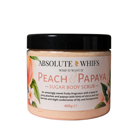 Absolute Whifs Peach and Papaya sugar body scrub in a jar with floral and fruit label design