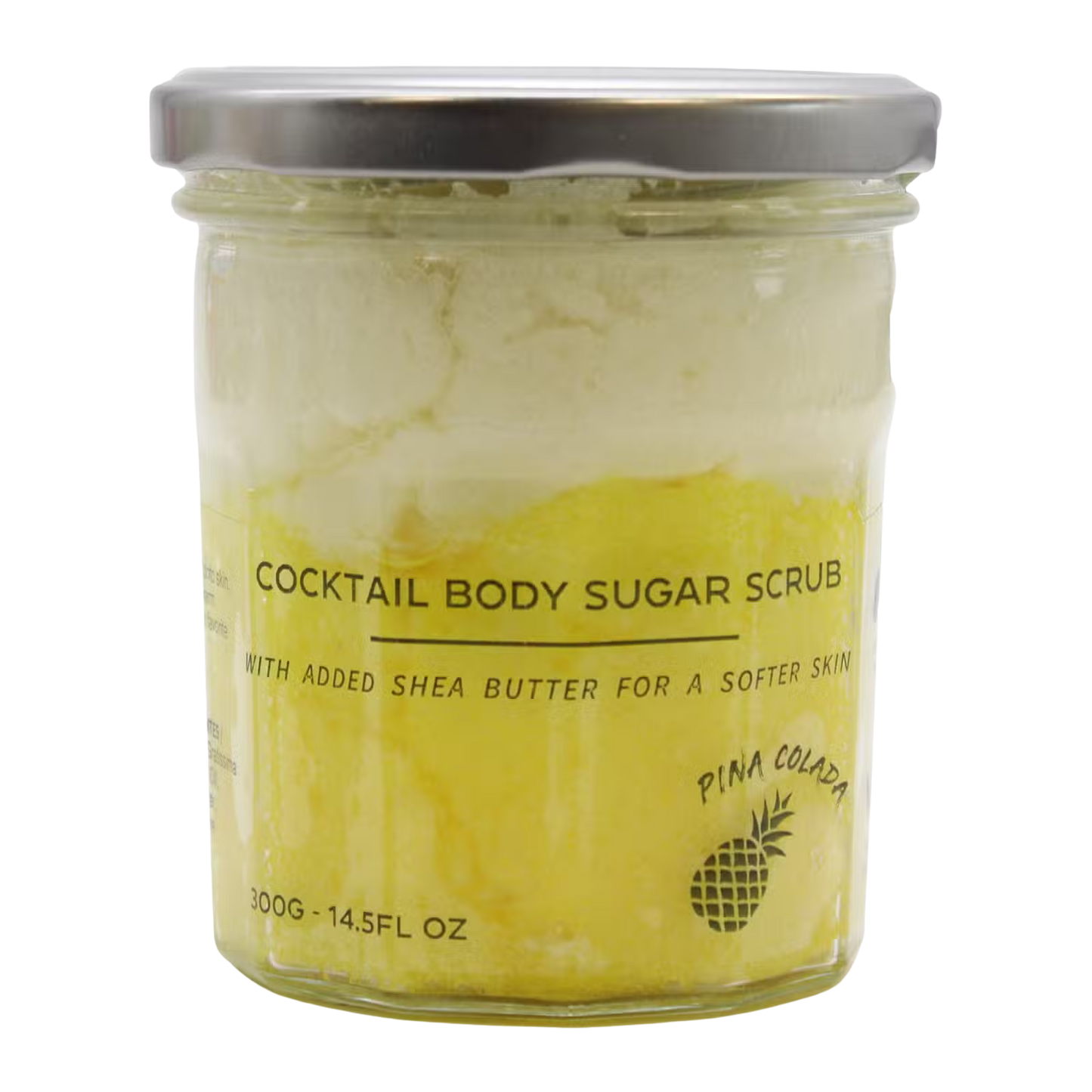 Fragranced sugar body scrub in 300g jar with pinacolada scent and shea butter for soft skin