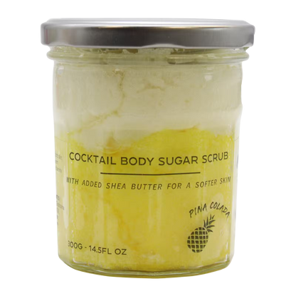 Fragranced sugar body scrub in 300g jar with pinacolada scent and shea butter for soft skin