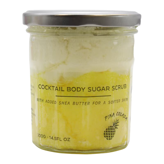 Fragranced sugar body scrub in 300g jar with pinacolada scent and shea butter for soft skin