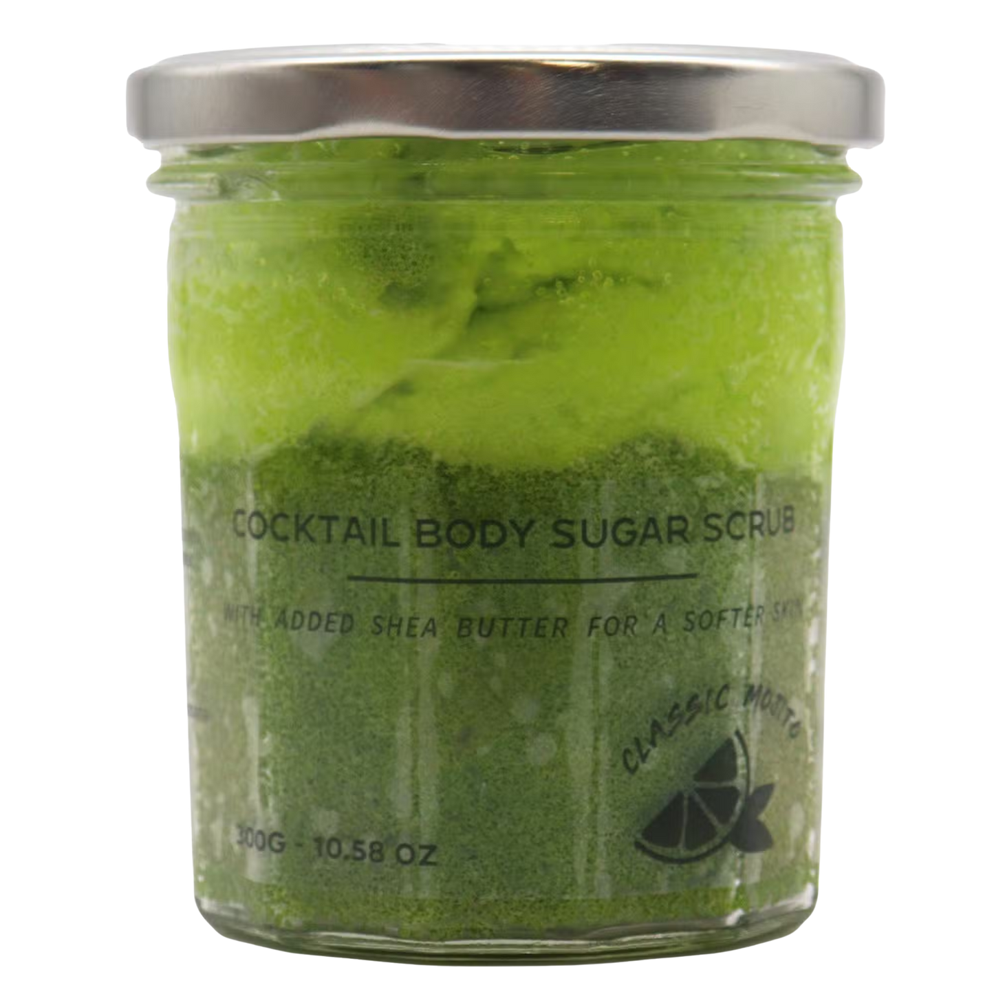 Fragranced sugar body scrub Classic Mojito in 300g glass jar with shea butter for soft skin