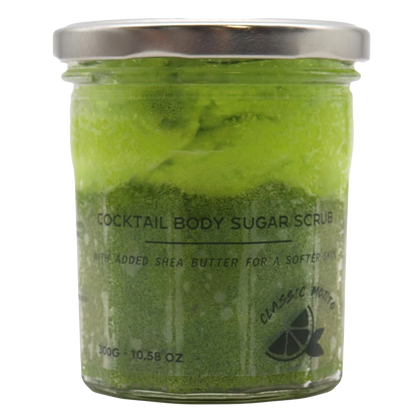 Fragranced sugar body scrub Classic Mojito in 300g glass jar with shea butter for soft skin