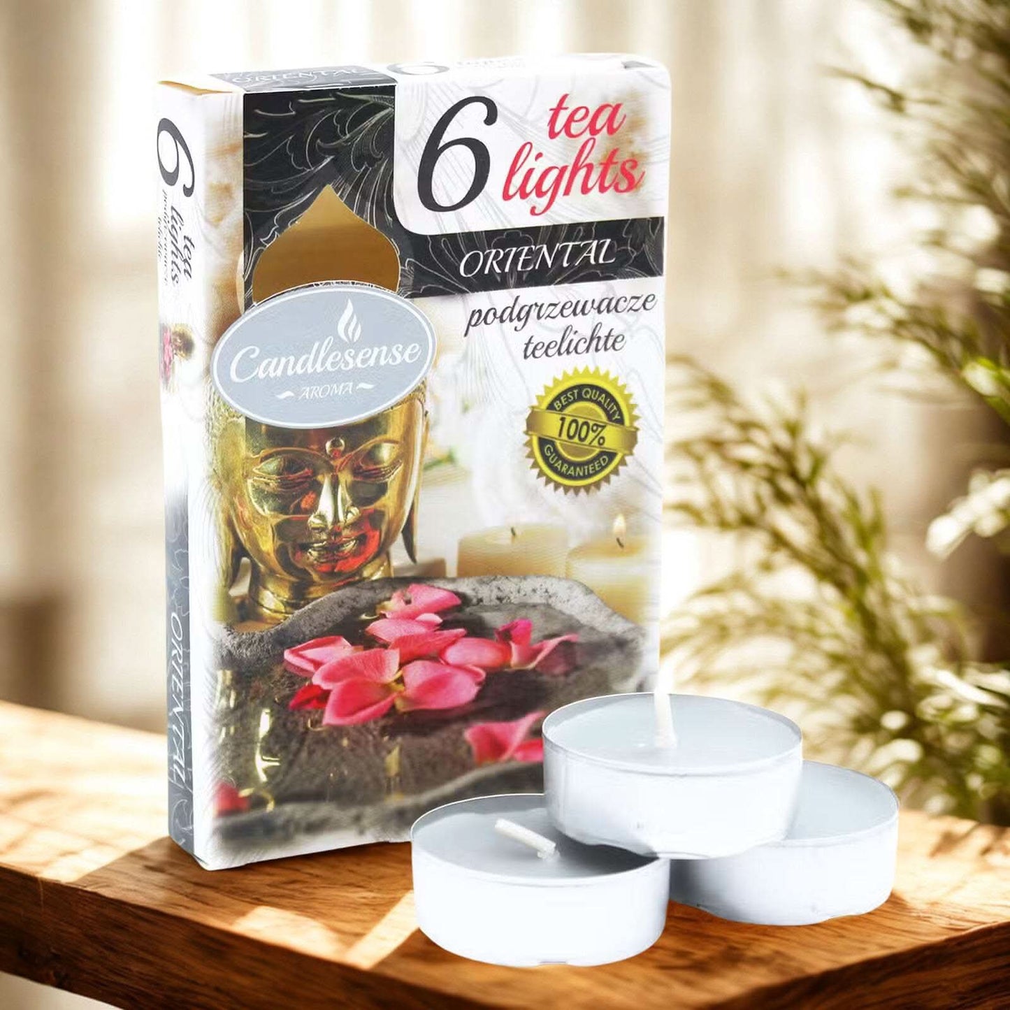 Oriental Set of 6 Scented Tealights with warm spices and exotic florals in decorative packaging