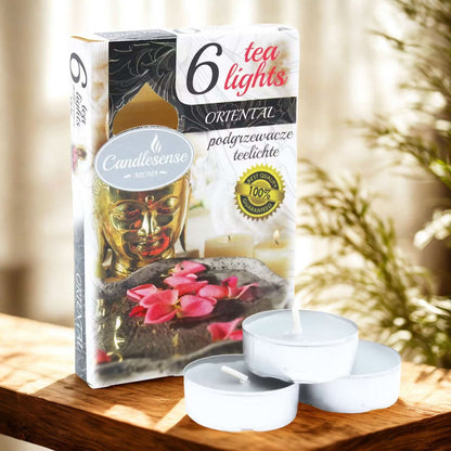 Oriental Set of 6 Scented Tealights with warm spices and exotic florals in decorative packaging