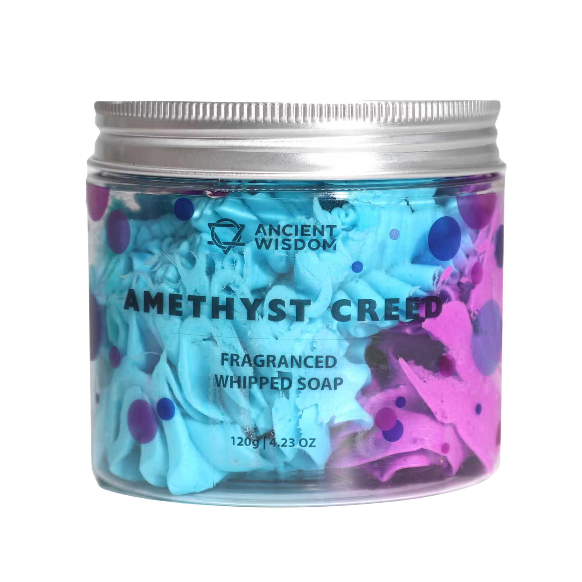 Amethyst Creed Whipped Soap 120g in clear jar with blue and purple whipped soap inside and silver lid