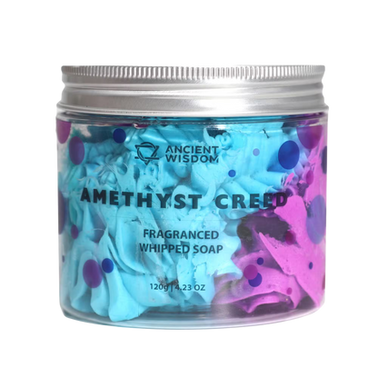 Amethyst Creed Whipped Soap 120g in clear jar with blue and purple whipped soap inside and silver lid