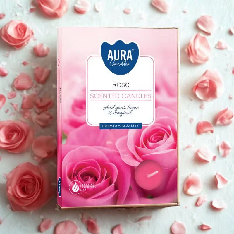 Rose Set of 6 Scented Tealights in decorative packaging with rose petals background